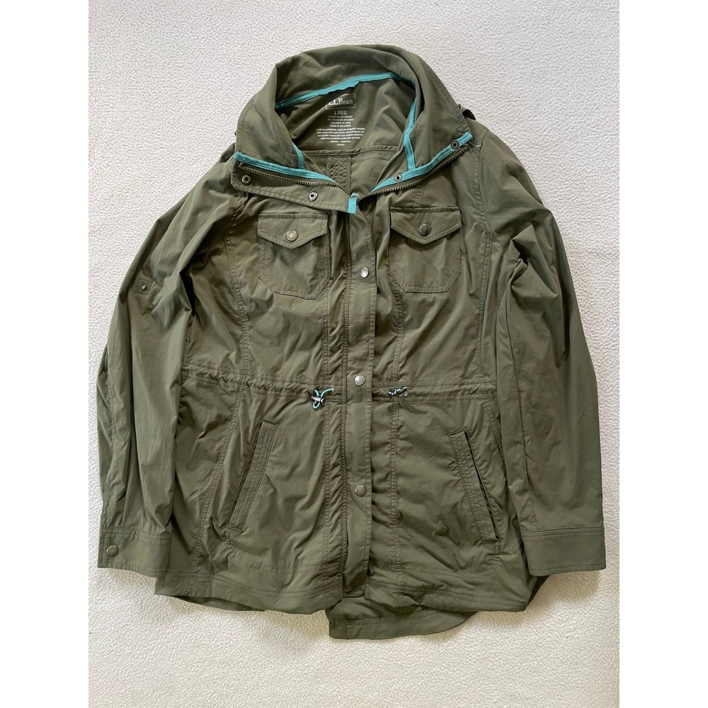 L.L.Bean Womens Large Luna Utility Jacket Green Stowaway Hood Roll Tab 289337